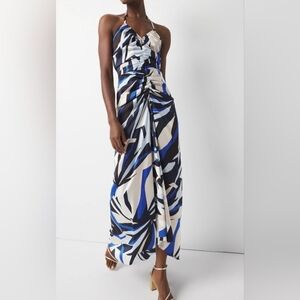 White House Black Market Halter Maxi Dress Size 14 NWT Blue Black Abstract Print